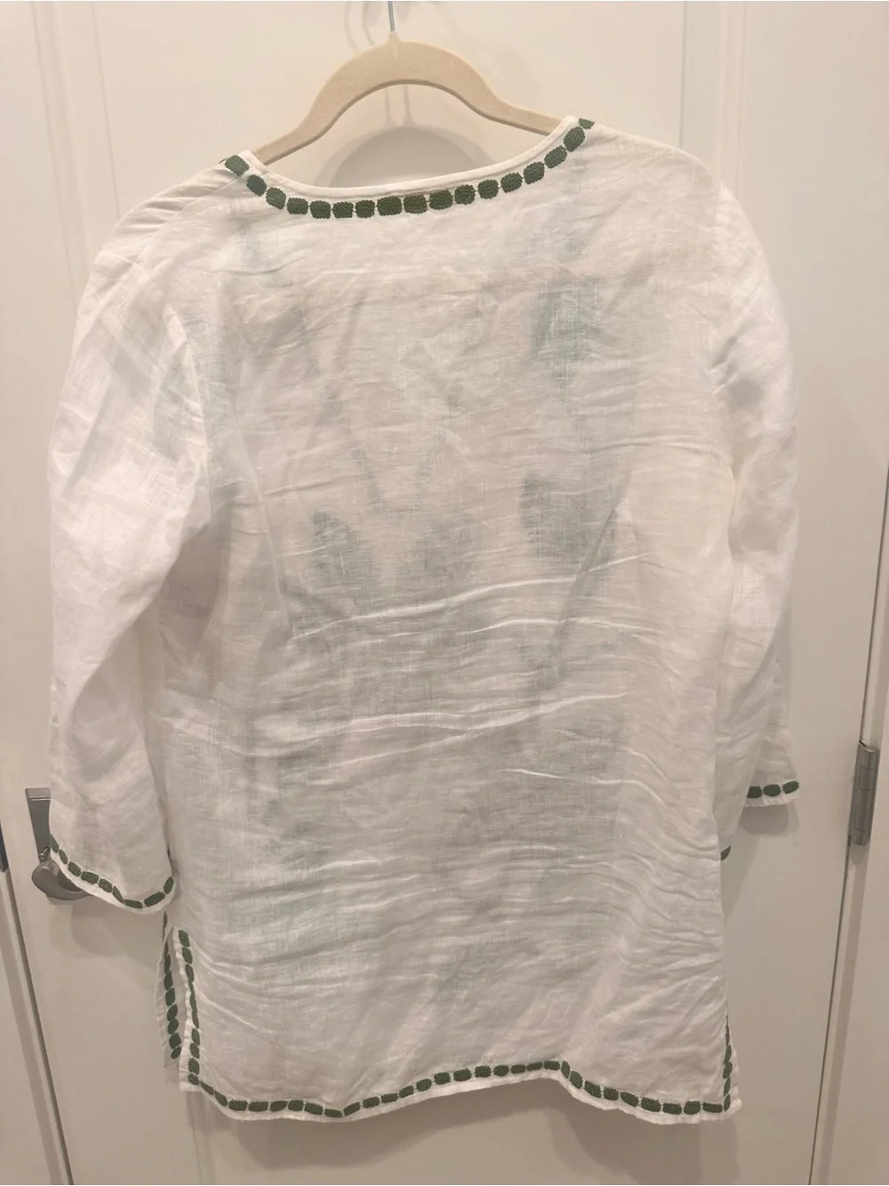 Tory Burch White Linen Tunic with Green Floral Embroidery
